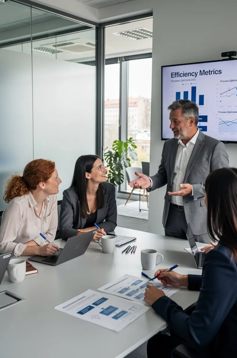 Echipa de specialiști discutând strategii de îmbunătățire a proceselor prin tehnologii digitale