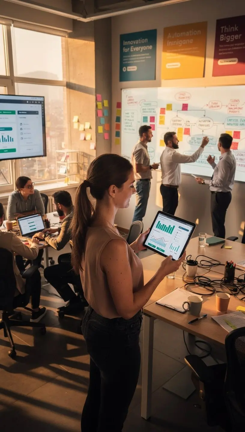 Imagine conceptuală cu roboți software care automatizează sarcini repetitive într-un birou modern